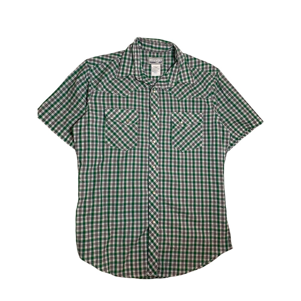 Wrangler Wrancher Mens Green White Plaid Pearl Snap Western Shirt Retro Medium